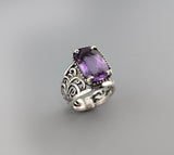 Checkerboard Cut Amethyst, Sterling Silver Lacy Ring