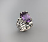 Checkerboard Cut Amethyst, Sterling Silver Lacy Ring