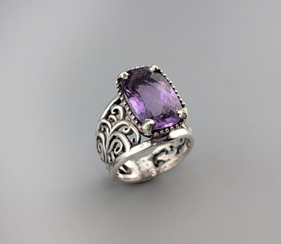 Checkerboard Cut Amethyst, Sterling Silver Lacy Ring
