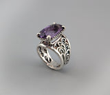 Checkerboard Cut Amethyst, Sterling Silver Lacy Ring