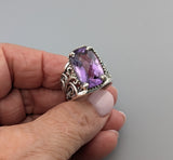 Checkerboard Cut Amethyst, Sterling Silver Lacy Ring