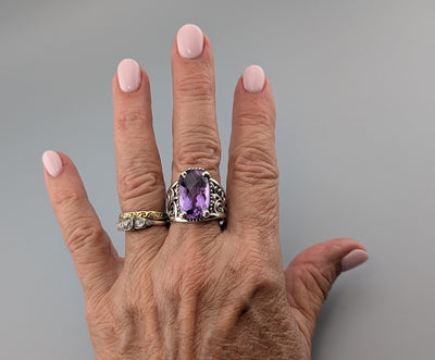 Checkerboard Cut Amethyst, Sterling Silver Lacy Ring