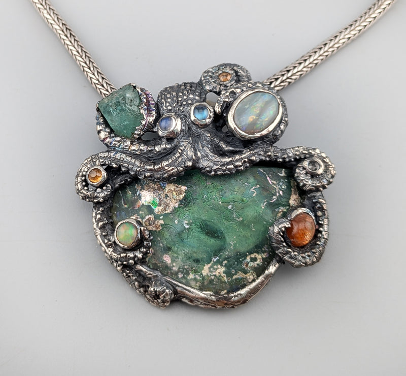 Sterling Silver Octopus Pendant with Bactrian Glass, Emerald Crystal, Opal, Garnets and Rainbow Moonstones