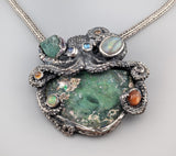 Sterling Silver Octopus Pendant with Bactrian Glass, Emerald Crystal, Opal, Garnets and Rainbow Moonstones