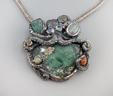 Sterling Silver Octopus Pendant with Bactrian Glass, Emerald Crystal, Opal, Garnets and Rainbow Moonstones