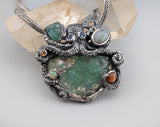 Sterling Silver Octopus Pendant with Bactrian Glass, Emerald Crystal, Opal, Garnets and Rainbow Moonstones