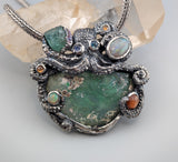 Sterling Silver Octopus Pendant with Bactrian Glass, Emerald Crystal, Opal, Garnets and Rainbow Moonstones