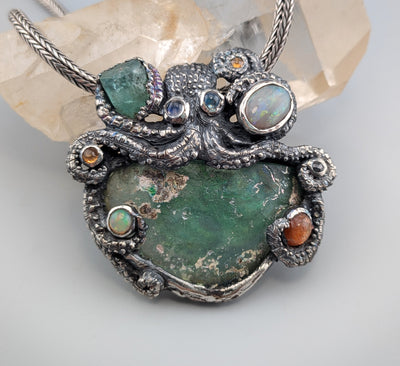 Sterling Silver Octopus Pendant with Bactrian Glass, Emerald Crystal, Opal, Garnets and Rainbow Moonstones