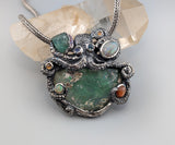 Sterling Silver Octopus Pendant with Bactrian Glass, Emerald Crystal, Opal, Garnets and Rainbow Moonstones