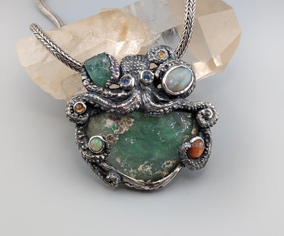 Sterling Silver Octopus Pendant with Bactrian Glass, Emerald Crystal, Opal, Garnets and Rainbow Moonstones