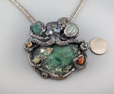 Sterling Silver Octopus Pendant with Bactrian Glass, Emerald Crystal, Opal, Garnets and Rainbow Moonstones