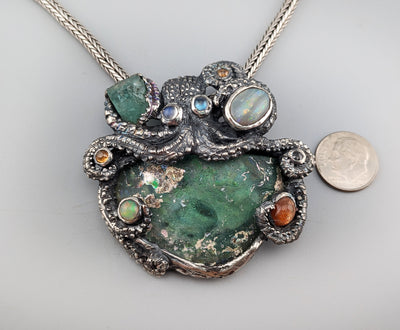 Sterling Silver Octopus Pendant with Bactrian Glass, Emerald Crystal, Opal, Garnets and Rainbow Moonstones