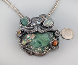 Sterling Silver Octopus Pendant with Bactrian Glass, Emerald Crystal, Opal, Garnets and Rainbow Moonstones