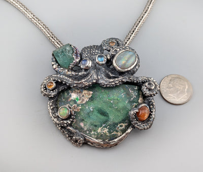 Sterling Silver Octopus Pendant with Bactrian Glass, Emerald Crystal, Opal, Garnets and Rainbow Moonstones