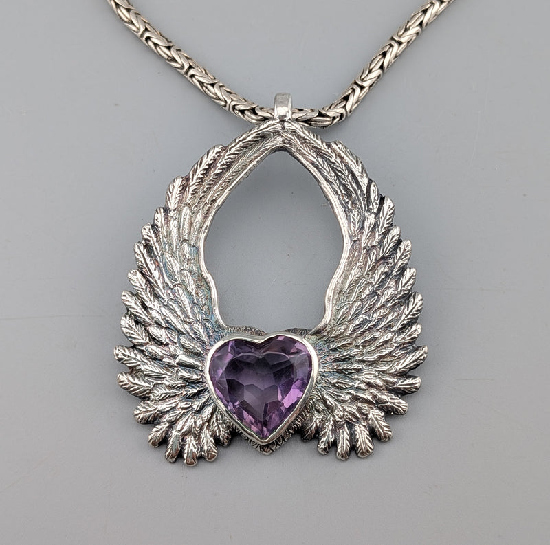 Amethyst Heart Sterling Silver Winged Heart Pendant