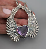Amethyst Heart Sterling Silver Winged Heart Pendant