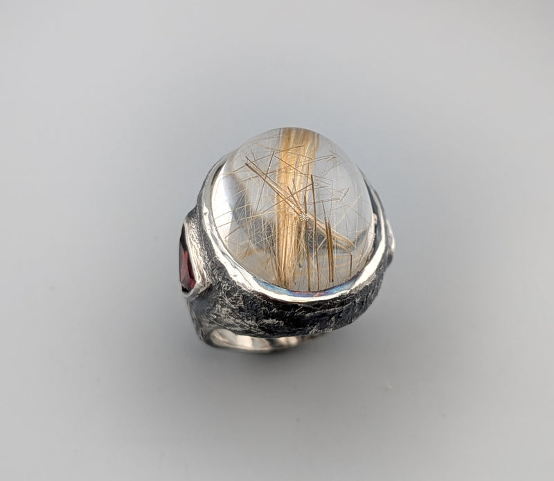 Large Rutilated Quartz Cabochon, Sterling Silver Ring