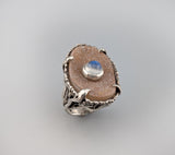 Drusy with Rainbow Moonstone, Sterling Silver Ring
