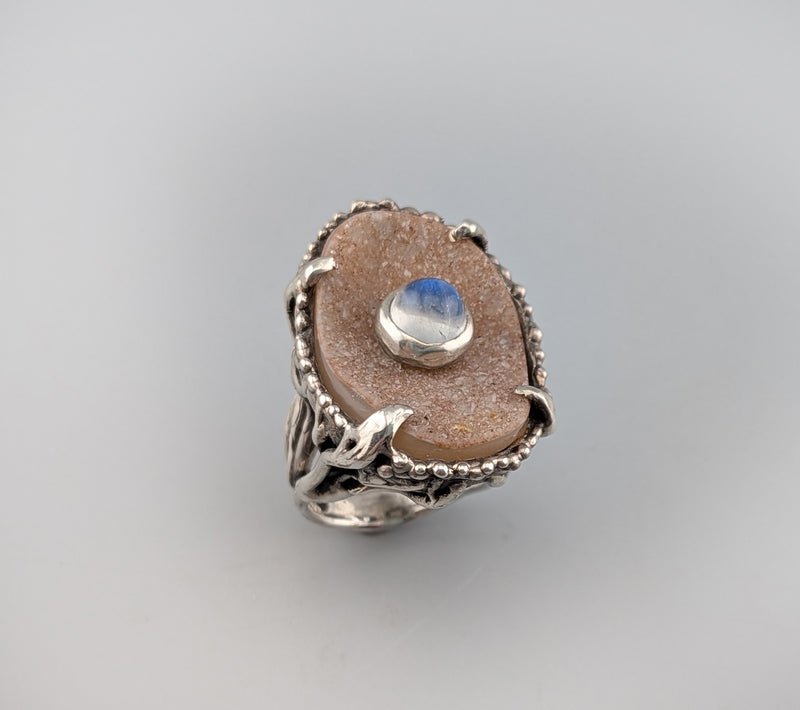 Drusy with Rainbow Moonstone, Sterling Silver Ring