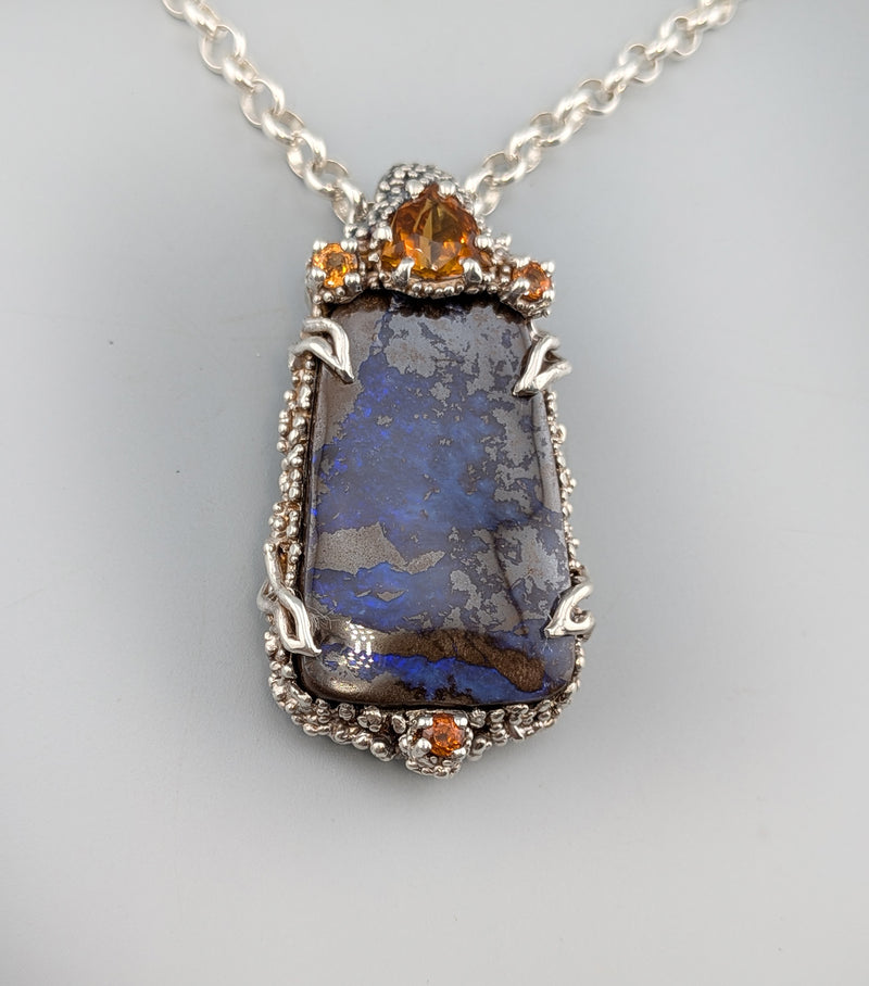 Yowah Boulder Opal Sterling Silver Pendant with Citrine and Spessartite Garnets