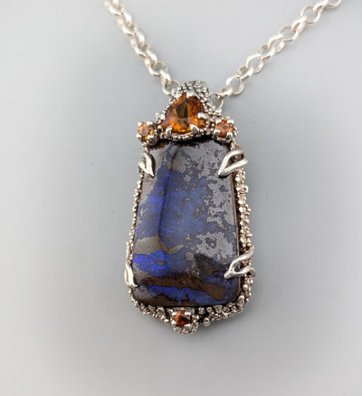 Yowah Boulder Opal Sterling Silver Pendant with Citrine and Spessartite Garnets