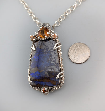 Yowah Boulder Opal Sterling Silver Pendant with Citrine and Spessartite Garnets