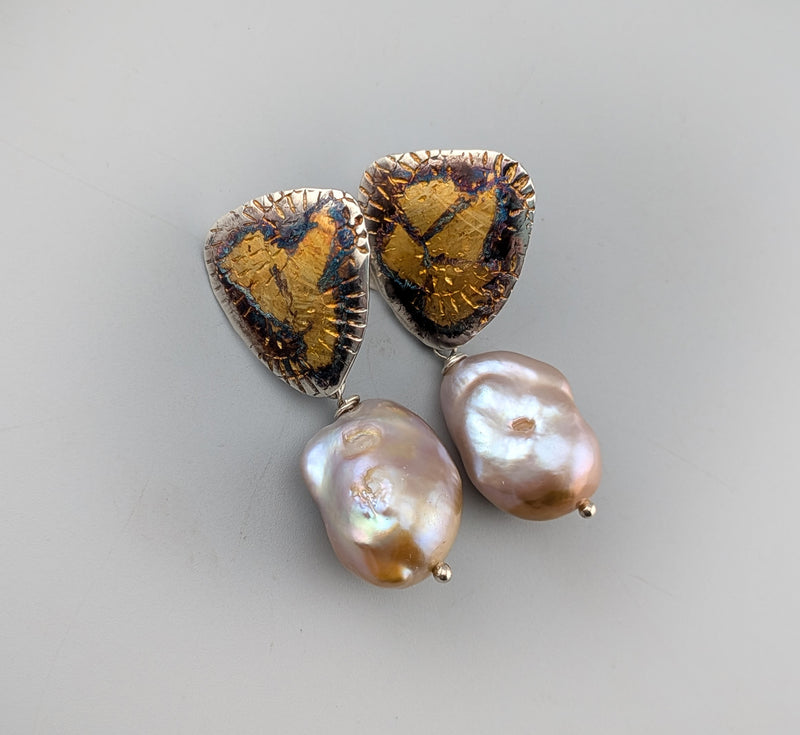 Keum Boo Earring Tops with Freshwater Pearl Drops