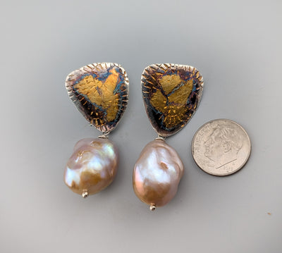 Keum Boo Earring Tops with Freshwater Pearl Drops