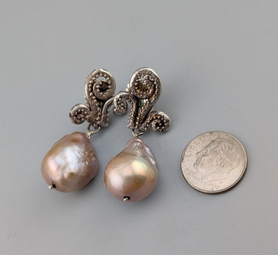 Large Freshwater Pearl Drop, Sterling Silver Earrings