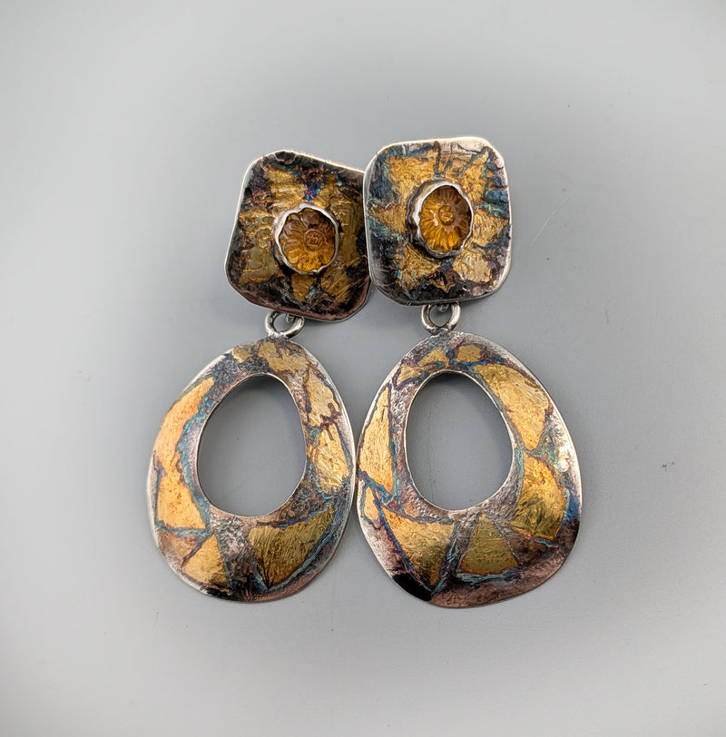 Carved Citrines in Keum Boo Tops with Keum Boo Detachable Hoops