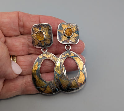 Carved Citrines in Keum Boo Tops with Keum Boo Detachable Hoops