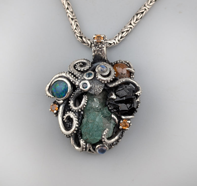 Sterling Silver Octopus Pendant with Emerald Crystal Cluster, Garnet Crystals, Opal, Spessartite Garnets