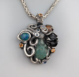 Sterling Silver Octopus Pendant with Emerald Crystal Cluster, Garnet Crystals, Opal, Spessartite Garnets