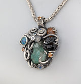 Sterling Silver Octopus Pendant with Emerald Crystal Cluster, Garnet Crystals, Opal, Spessartite Garnets