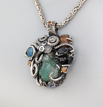 Sterling Silver Octopus Pendant with Emerald Crystal Cluster, Garnet Crystals, Opal, Spessartite Garnets