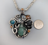 Sterling Silver Octopus Pendant with Emerald Crystal Cluster, Garnet Crystals, Opal, Spessartite Garnets