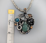 Sterling Silver Octopus Pendant with Emerald Crystal Cluster, Garnet Crystals, Opal, Spessartite Garnets