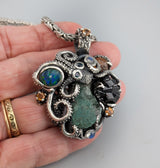 Sterling Silver Octopus Pendant with Emerald Crystal Cluster, Garnet Crystals, Opal, Spessartite Garnets