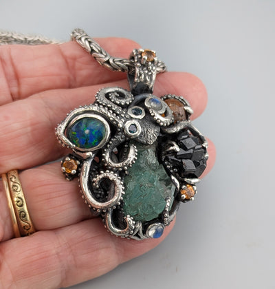 Sterling Silver Octopus Pendant with Emerald Crystal Cluster, Garnet Crystals, Opal, Spessartite Garnets