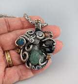 Sterling Silver Octopus Pendant with Emerald Crystal Cluster, Garnet Crystals, Opal, Spessartite Garnets