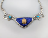 Ancient Scarab, Carved Lapis Wings, Sterling Silver Egyptian Necklace with Turquoise in Eyes of Horus Links