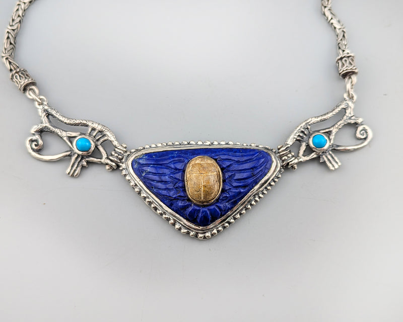 Ancient Scarab, Carved Lapis Wings, Sterling Silver Egyptian Necklace with Turquoise in Eyes of Horus Links