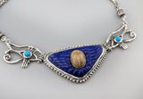 Ancient Scarab, Carved Lapis Wings, Sterling Silver Egyptian Necklace with Turquoise in Eyes of Horus Links