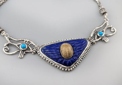 Ancient Scarab, Carved Lapis Wings, Sterling Silver Egyptian Necklace with Turquoise in Eyes of Horus Links