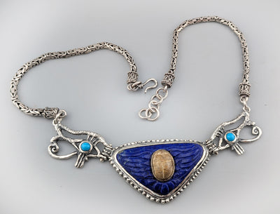 Ancient Scarab, Carved Lapis Wings, Sterling Silver Egyptian Necklace with Turquoise in Eyes of Horus Links