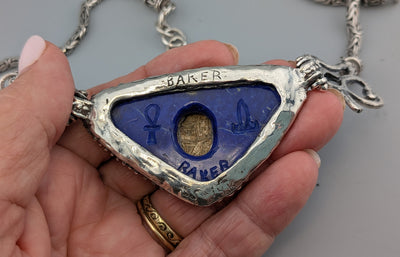 Ancient Scarab, Carved Lapis Wings, Sterling Silver Egyptian Necklace with Turquoise in Eyes of Horus Links