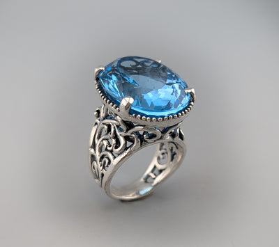 Large Swiss Blue Topaz Sterling Silver Ring
