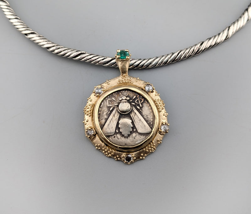 Ancient AR Tetradrachm, Ephesus Bee, 14kt Gold Pendant with Diamonds and Emerald