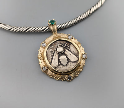 Ancient AR Tetradrachm, Ephesus Bee, 14kt Gold Pendant with Diamonds and Emerald