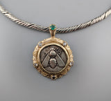 Ancient AR Tetradrachm, Ephesus Bee, 14kt Gold Pendant with Diamonds and Emerald